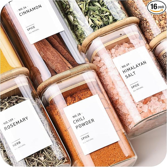 16Pcs Glass Spice Jars with Bamboo Lids, include 4oz, 6oz, 8oz, 10oz Empty Square Containers With 340 Spice Labels Preprinted of White and Black Color, Spice Bottles for Seasoning Organizer
