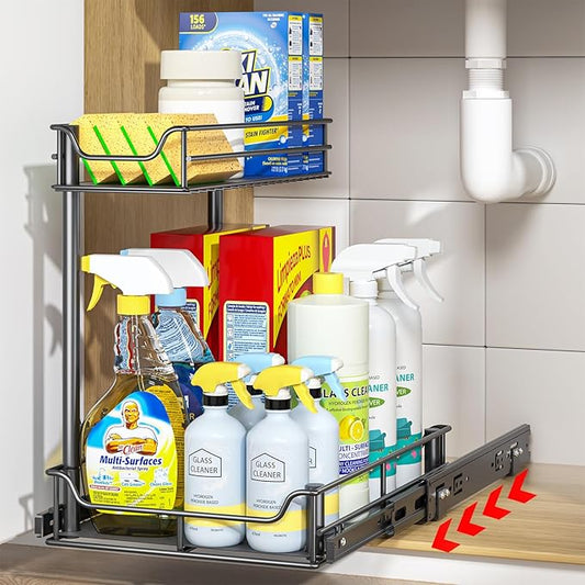 LAMU Under Sink Organizer, Pull Out Cabinet Organizer with Upgraded Slides, Slide Out Sink Shelf Cabinet Storage Shelves, Storages for Kitchen Bathroom