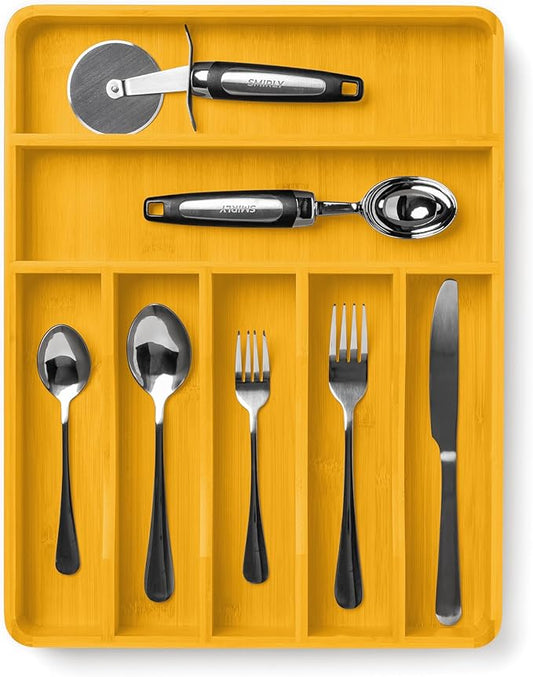 SMIRLY Silverware Drawer Organizer – Bamboo Kitchen Drawer Organizer, Adjustable Utensil Holder and Cutlery Tray, Drawer Dividers for Flatware and Kitchen Utensils