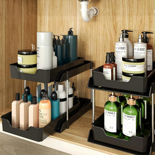 2 Pack Bathroom Under Sink Organizers and Storage, 2-Tier Pull Out Cabinet Organizer and Medicine Storage Shelf,Fit Cabinets, Kitchens,Food Pantry. (Black,10.63" L x 8.0" W x 8.46" H).