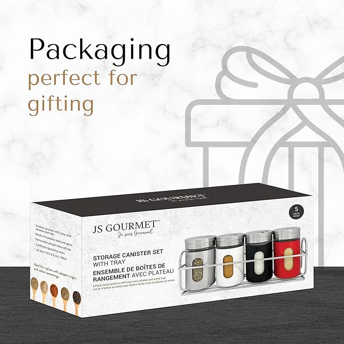 4 Pcs Stainless Steel Spice Seasoning Container Jars with Storage Rack, Perfect for Storing Spices, Salt, Pepper, Sugar and Dry Ingredients