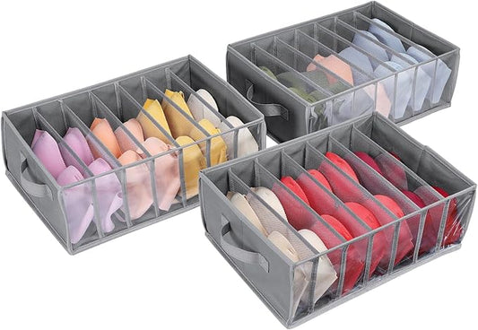 Zilink Upgraded Underwear Drawer Organizer with Support Board, Clear Drawer, 7 Grids Divider, Sock Organizer for Closet, Nursery, Baby Clothes, Bra, Sock, Tie - 3 Pack