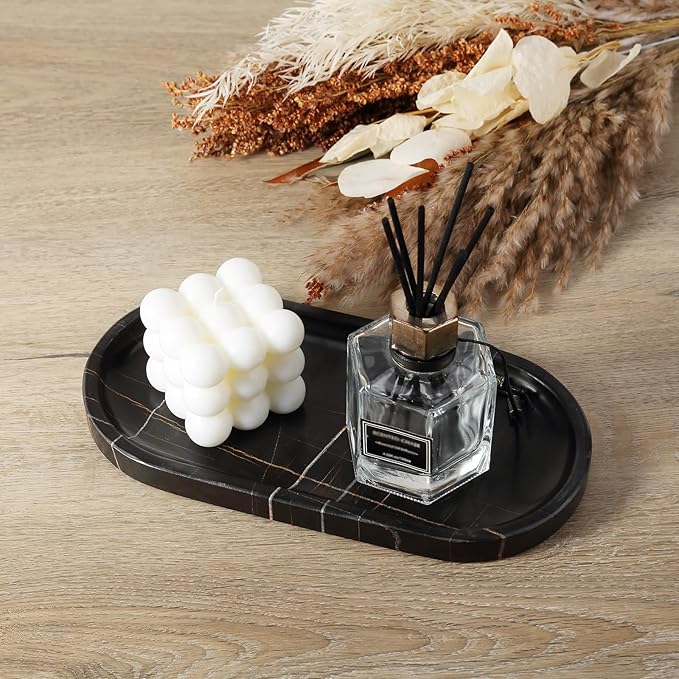 Koville Black Marble Vanity Tray for Bathroom Countertop, 10"x5" Natural Marble Catchall Tray Perfume Trays for Dresser, Stone Jewelry Dish Candle Holder for Home Decor, Stone Oval Trays