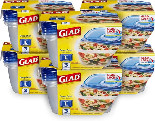 Glad GladWare Deep Dish Food Storage Containers, Large Rectangle - Plastic Container Holds Up to 64 Ounces of Food, Lock Tight Seal, 3 Count Set - 6 Pack (18 Total)