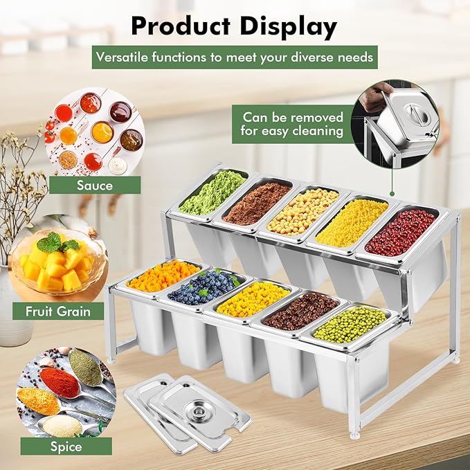 Meticuloso Expandable Spice Rack Stainless Steel Organizer Shelf for Sauce Ingredients Fruits, for Kitchen Pantry Use,10 Spoons,10 Lids&10 Buckets