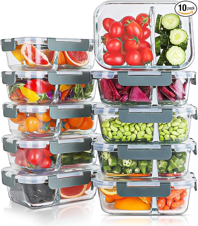 10 Packs 30oz Glass Meal Prep Containers 2 Compartments,Glass Food Storage Containers with Lids,Airtight Lunch Bento Boxes,Microwave,Oven,Freezer and Dishwasher Safe