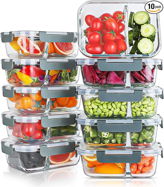10 Packs 30oz Glass Meal Prep Containers 2 Compartments,Glass Food Storage Containers with Lids,Airtight Lunch Bento Boxes,Microwave,Oven,Freezer and Dishwasher Safe
