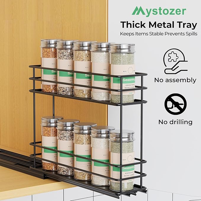 Pull Out Spice Rack Organizer for Cabinet, Slide Out Spice Racks, Easy to Install Spice Cabinet Organizer, 2.75''Wx10.35''Dx8.26''H, 1 Drawers 2 Tiers（Black）