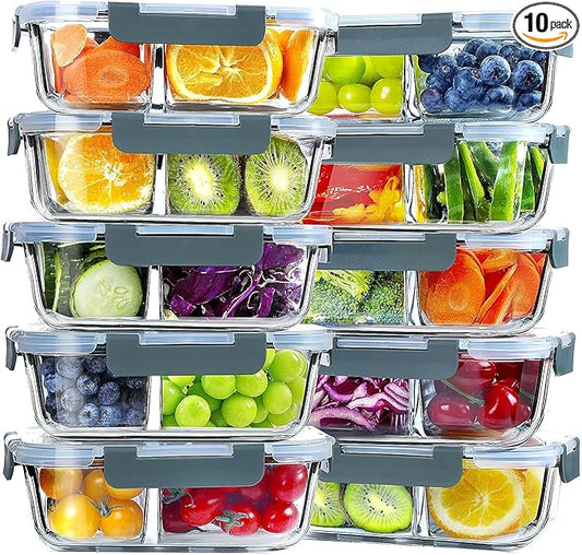 VERONES 10 Pack Glass Meal Prep Containers 2 Compartment Set, 30 OZ Airtight Glass Lunch Containers, Glass Food Storage Containers with Lids, for Microwave, Oven, Freezer & Dishwasher Friendly，Grey