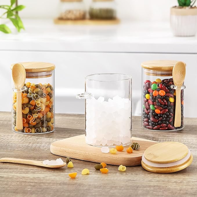 Set of 3 Airtight Glass Jars with Bamboo Lids and Spoon,17 oz Classy Canisters with Spoon,Glass Food Jars with Spoon for Coffee Beans,Tea,Flour,Sugar,Nuts,Candy