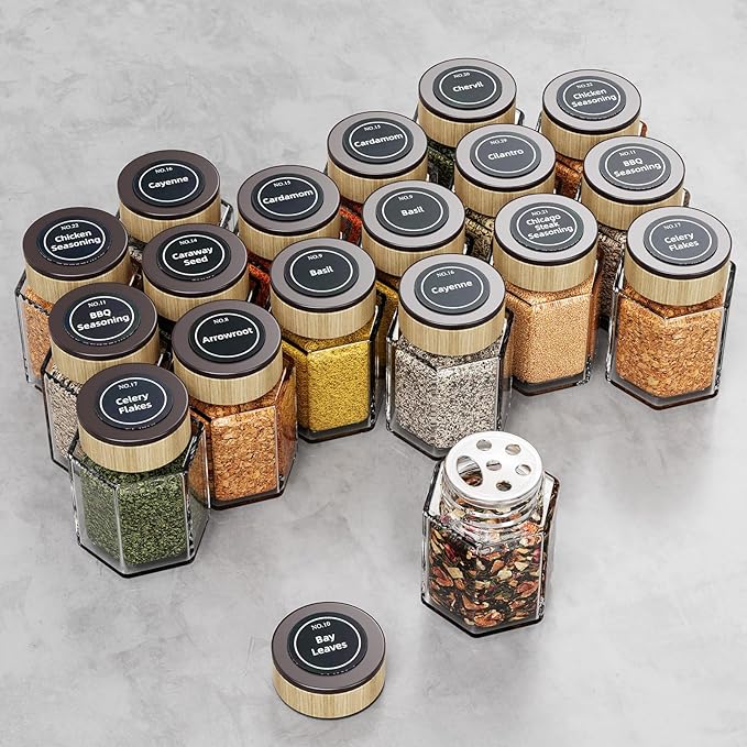 Set of 18 Magnetic Glass Spice Tins with 100 Preprinted Seasoning Label Stickers (Include Black Metal Wall-Plates)