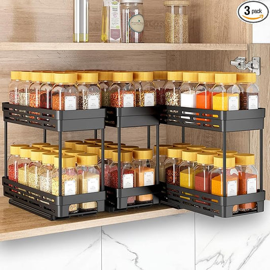 3 Packs Pull Out Spice Rack Organizer for Cabinet, Slide Out Spice Racks Organizer, Easy to Install Spice Cabinet Organizers, 4.33''Wx10.4''Dx8.5''H, Each Tier Hold 10 Spice Jars - 2 Tier