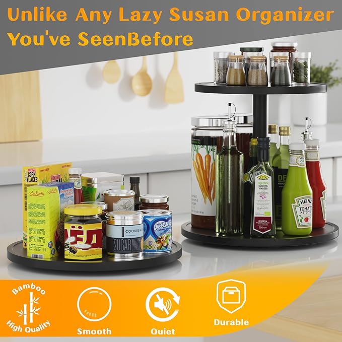 Lazy Susan Organizer Homerays 10 Inch Non-Skid Bamboo Lazy Susan for Kitchen Rotating Spice Rack for Kitchen Cabinet, Wood Turntable for Kitchen Countertop Organizer Black