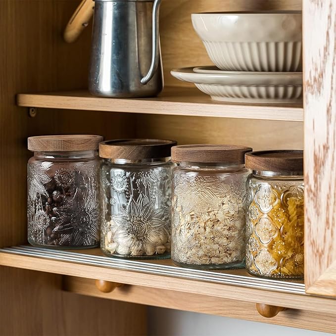 24 OZ Airtight Glass Storage Jar with Bamboo Lid - Vintage Glass Jar Vintage Food Containers Canisters Set for Kitchen Counter & Pantry - Ideal for Sugar, Flour, Coffee, Tea, Candy, Oats -2 Pack