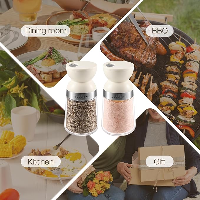 Vucchini Salt and Pepper Shaker Set 3 Adjustable Pour Holes, Dishwasher Safe, 5oz Large Capacity Spice Shaker for Kitchen & Camping (Cream)