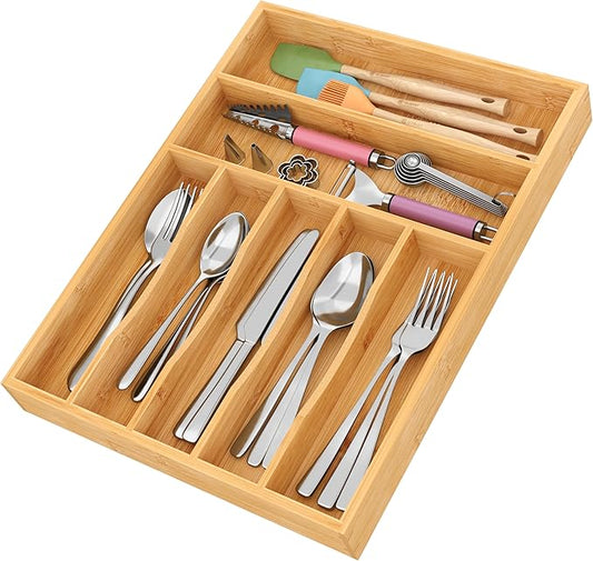 BAMEOS Bamboo Silverware Drawer Organizers, 11.9 inch Utensil Drawer Organizer for Kitchen Drawers, 7 Slots Total Large Flatware Organizer for Knives Cutlery Spoons Forks (Natural)