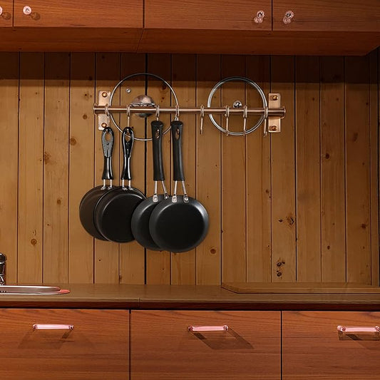 Dseap Kitchen Hooks for Hanging Utensils, Hanging Pot Rack, Kitchen Utensil Hanger Rail with 8 Hooks for Pots Pans, Spoons, Mugs, Wall Mounted, Stainless Steel, Antique Copper, Pack of 2