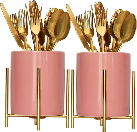 Sturdy Cutlery Holder Gold Ceramic With Metal Bracket Robust Silverware Caddy For Countertop - Spoon Holder Silverware Caddy