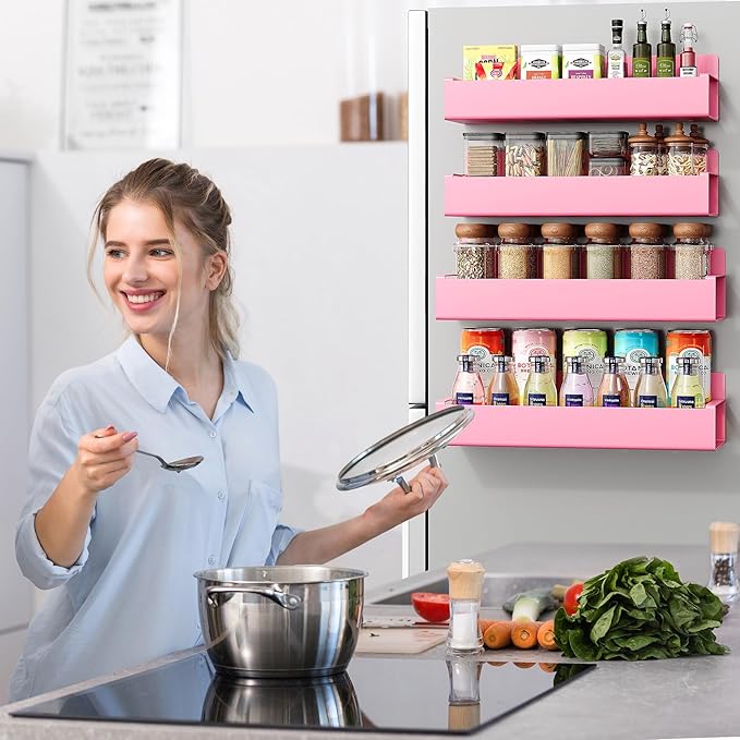 4 Pack Moveable Fridge Magnetic Spice Racks,Metal Pink