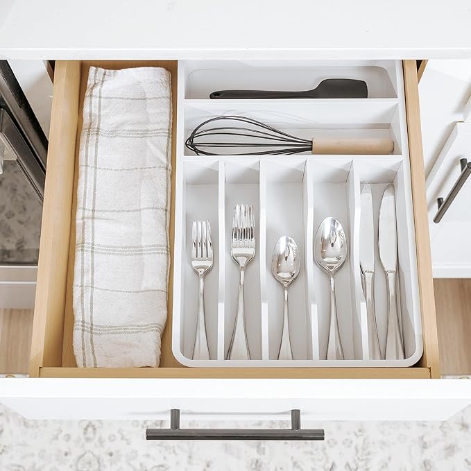 Silverware Organizer - Cutlery, Flatware, and Utensil Holder for Kitchen Drawers, Fixed 10.5” Width, 7 Storage Compartments, Non-Slip Feet, Rounded Corners, 100% Bamboo, White Finish