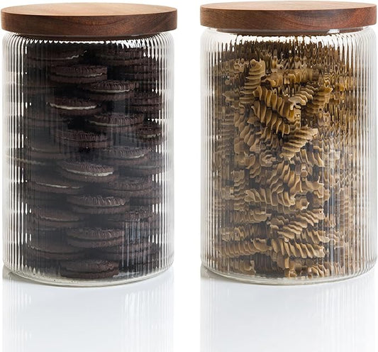 Mason & Fable Ribbed Glass Jar with Wooden Lid 70fl.oz- Set of 2 | Airtight Fluted Storage Container for Cookies, Pasta, Coffee, Dog Treats, Snacks | Organization Canisters for Home & Kitchen