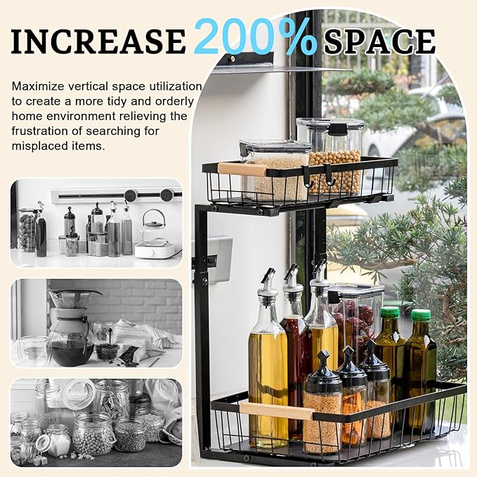 2 Pack Under Sink Organizer, Sliding Cabinet Basket Organizer 2 Tier Under Bathroom Storage Rack with Hooks, Hanging Cup, Dividers, Multi-purpose Storage Shelf for Bathroom Kitchen, Black