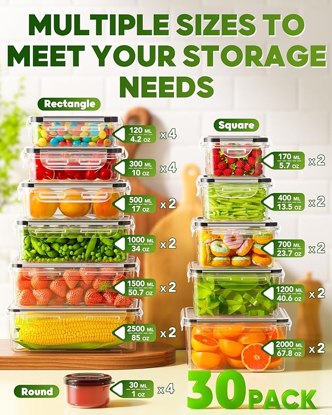 60 PCS Food Storage Containers with Lids(30 Containers & 30 Lids), BPA-Free Plastic Food Containers for Kitchen Storage, Leak Proof, Reusable Meal Prep Containers with Labels & Pen