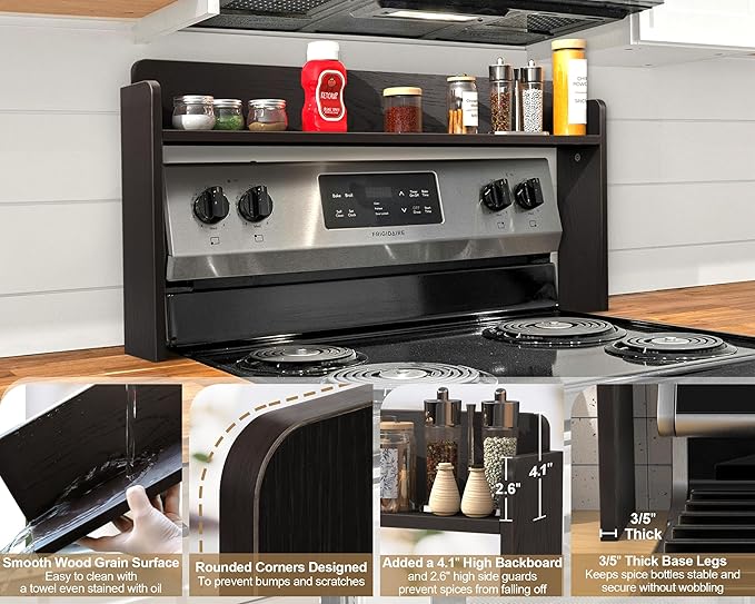 MyLifeUNIT Over The Stove Shelf, 31.5" Wood Stove Top Shelf for Back of Gas Stove, Electric Stove or Curved Stove Spice Rack Shelf for Countertop, Black