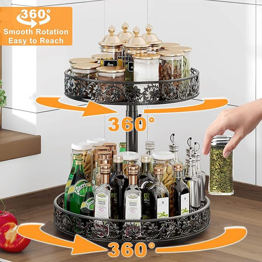 Two Tier Lazy Susan Organizer Turntable Height Adjustable, 2 Tier Lazy Susan 12 Inch Metal Easy Assembly, Spice Rack Organizer Rotating for Cabinet Dining Table Top Kitchen Countertop Black