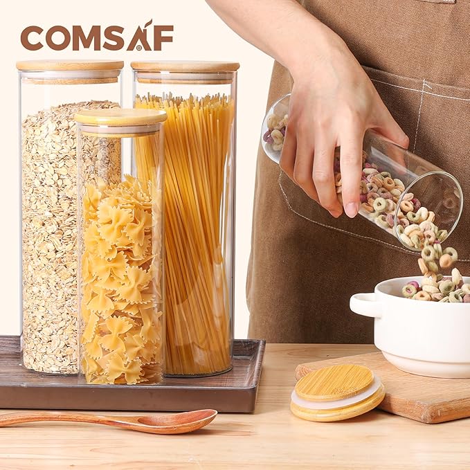 ComSaf Glass Food Storage Jars Set of 6, Tall Glass Storage Containers with Lids, Spaghetti Jar, Canisters Set for the kitchen, Pasta, Flour, Nuts, Oat, Coffee and Sugar Container, Pantry Organization