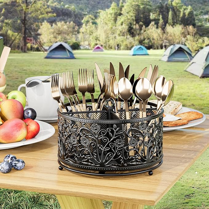 360° Rotating Utensil Caddy - Silverware Cutlery Caddy Holder with 4 Compartment, Metal Flatware Organizer Countertop with Handle for Party Camping Picnic, Kitchen Counter, Office (Black)
