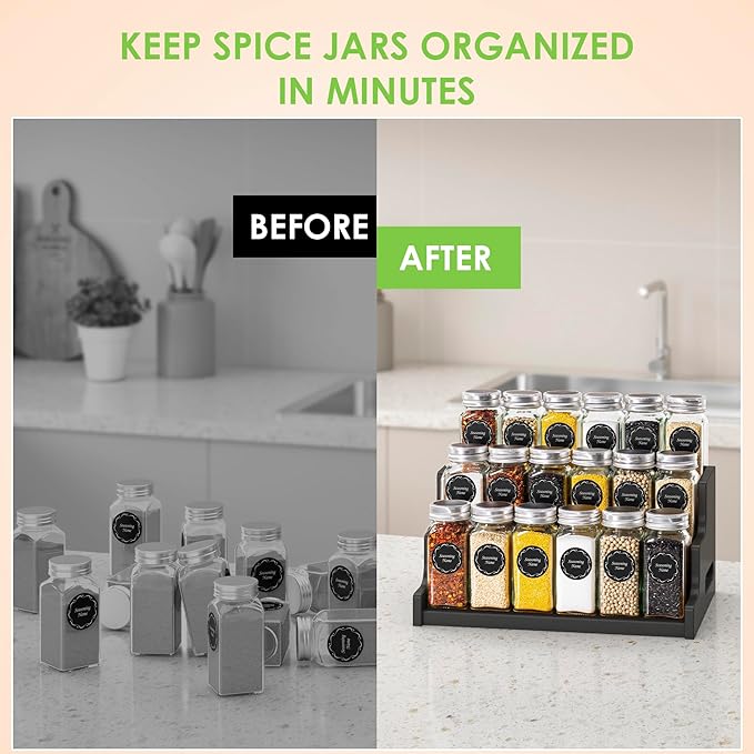 Bamboo Spice Rack Organizer for Cabinet, 3 Tier Wood Spice Shelf Organizer with 18 Spice Jars with Label Pack Included for Spice organization for cabinet Kitchen Countertop (Black)