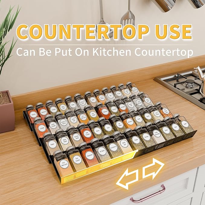 Simple Trending Spice Drawer Organizer,8 Piece Metal Mesh Expandable from 10.75" to 21.5" Insert,Hold up 48 Spice Jars Kitchen Countertop Rack Tray，for Drawer Countertop Jars not included
