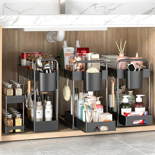 4 Pack Under Sink Organizer and Storage - Stackable 3 Size 2 Tier Bathroom Under the Sink Organizers Multi-Usage Kitchen Cabinet Organizers and Storage Sink Bath Shelf Baskets