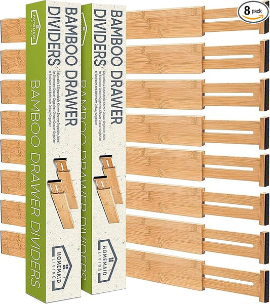 Homemaid Living Bamboo Drawer Dividers Adjustable & Expandable, Kitchen Drawer Organizer, Ideal for Silverware, Dresser Drawer Organizer or Bedroom & Bathroom Drawers Organizers (8pk)