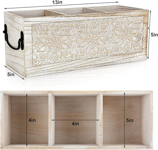 Amyhill Wooden Utensil Caddy for Kitchen Countertop Multi Purpose Wooden Desk Organizer Cutlery Caddy Flatware Silverware Organizer for Office Bathroom Dining Table Gift, 3 x 5 x 5 Inch