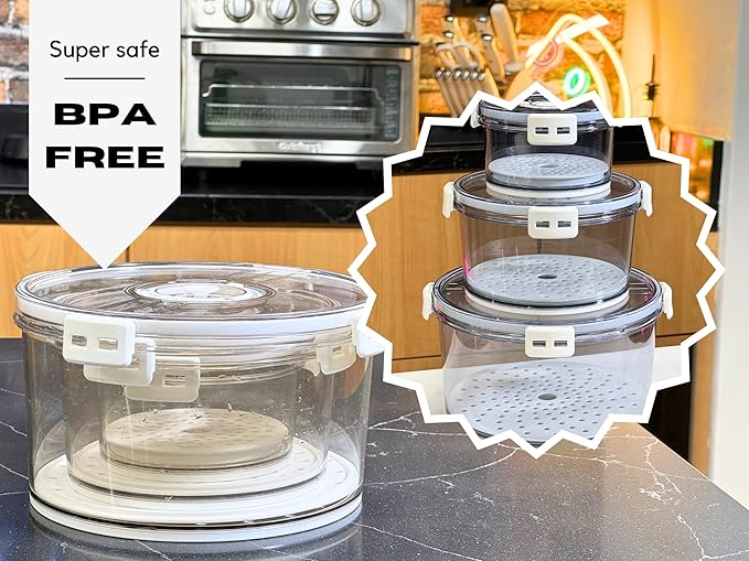 Lettuce Keeper for Refrigerator with Lids 3-Piece Set Date Chronograph Airtight BPA-Free Removable Drain Tray and Air Vents