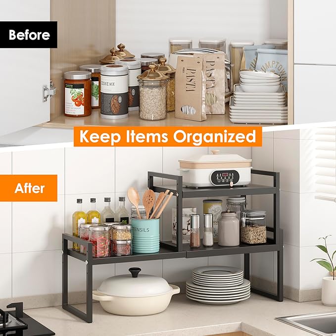 DOLALIKE Expandable kitchen Countertop Organizer, Stackable Cabinet Shelf Organizers, Space Saving Spice Rack Pantry Storage for Bathroom Office Organization (Black, 2 Pack)