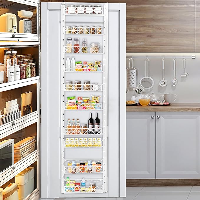 Over The Door Pantry Organizer，10-Tier Over The Door Organizer with Adjustable Basket，Metal Hanging Pantry Organizers and Storage for Kitchen, Back of Door Seasoning Rack (White)