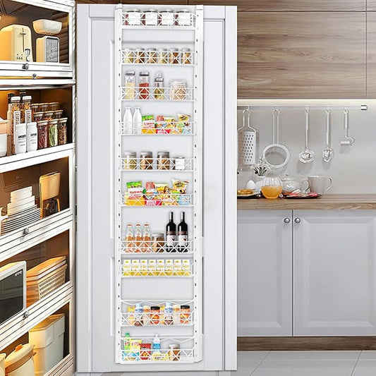 Over The Door Pantry Organizer，10-Tier Over The Door Organizer with Adjustable Basket，Metal Hanging Pantry Organizers and Storage for Kitchen, Back of Door Seasoning Rack (White)