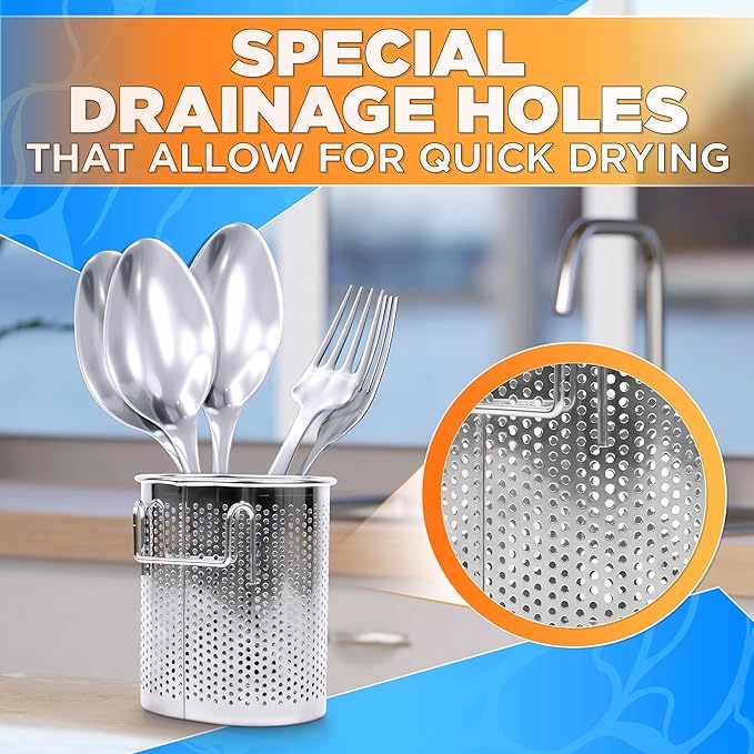Perforated Stainless Steel Chopstick Holder – Drying Basket for Chopsticks & Utensils, Compact Oval Design with Hook for Kitchen Organization, Easy Storage and Utensil Drying, Sturdy & Dishwasher Safe