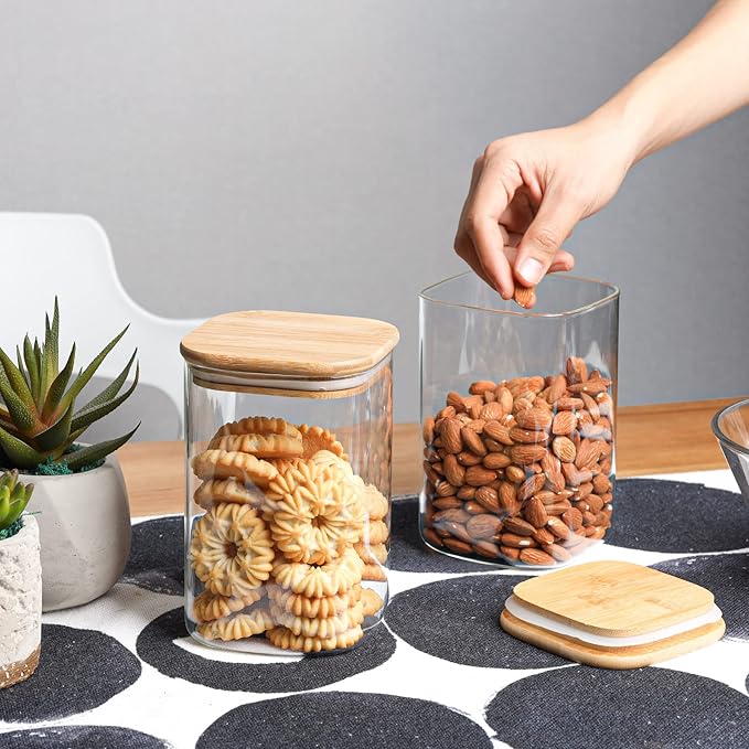 ComSaf Glass Storage Containers with Lids, 37fl.oz Glass Jars with Lids, Clear Food Storage Jar, Glass Canister for Pantry Cookie Flour Cereal Rice Sugar Tea Coffee Beans Spice, Square Set of 4