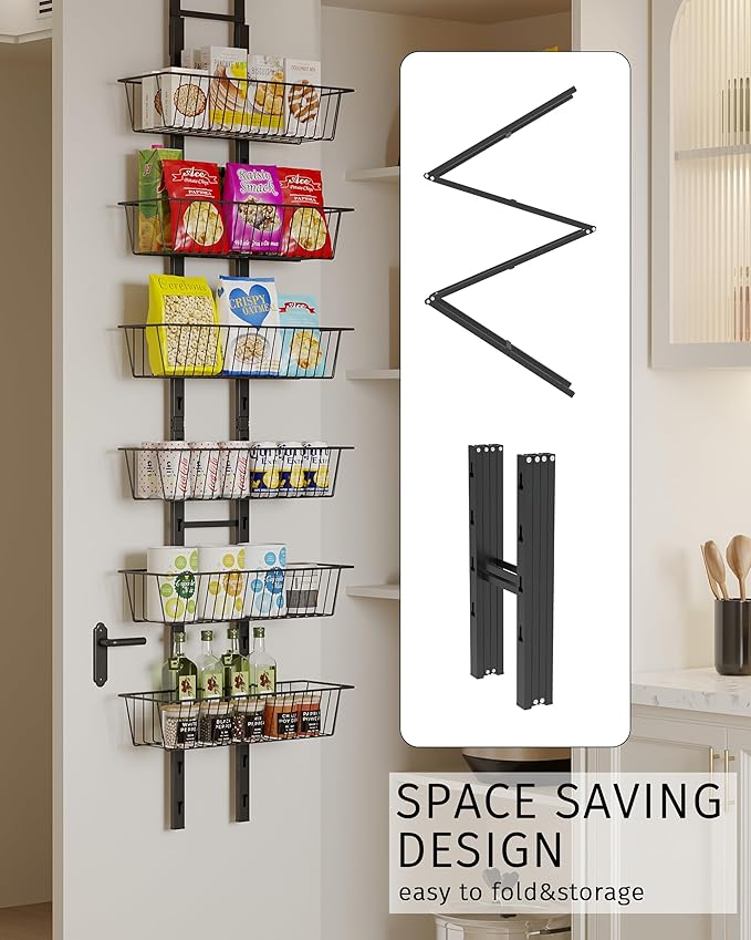 Over The Door Pantry Organizer, 6-Tier Pantry Organizers and Storage with Adjustable Basket, Heavy Duty Metal Spice Rack for Kitchen Bathroom Laundry Room(Black)