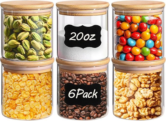 ComSaf Airtight Glass Food Storage Jars Set of 6, 20oz Clear Glass Food Storage Container with Sealing Wooden Lid, Stackable Spice Jar, Round Kitchen Canister for Sugar, Tea, Coffee bean, Pasta, Oat
