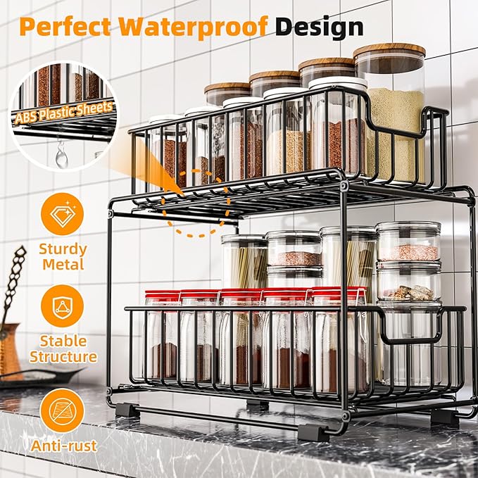 Under Sink Storage Spice Rack Organizer for Cabinet, Heavy Duty Metal Kichen Organizer with Slide Drawer, Black