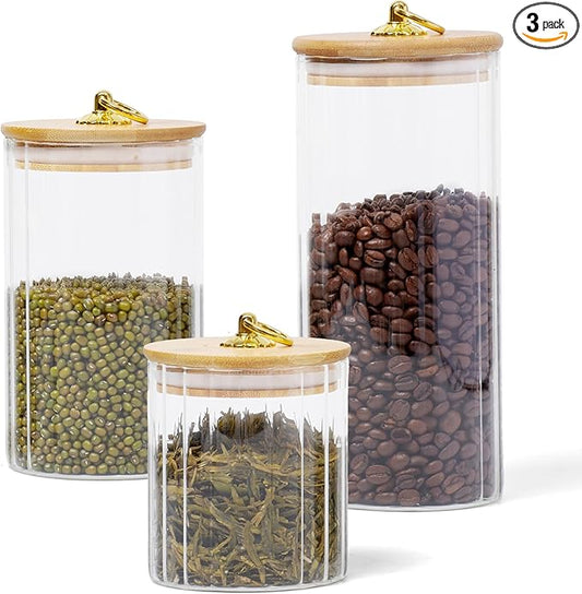 WHOLE HOUSEWARES Glass Storage Jars with Airtight Bamboo Lid and Metal Ring Handle - Set of 3 - Lead-Free High Borosilicate Glass - BPA Free - Dishwasher Safe - Transparent