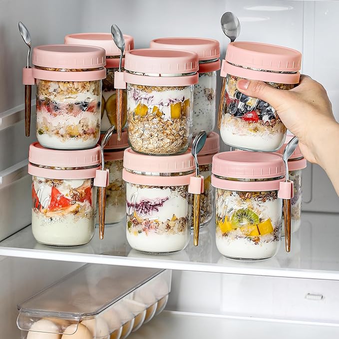 LANDNEOO 6 Pack Overnight Oats Containers with Lids and Spoons, 16 oz Glass Mason Overnight Oats Jars, Large Capacity Airtight Jars for Milk, Cereal, Fruit(Pink)