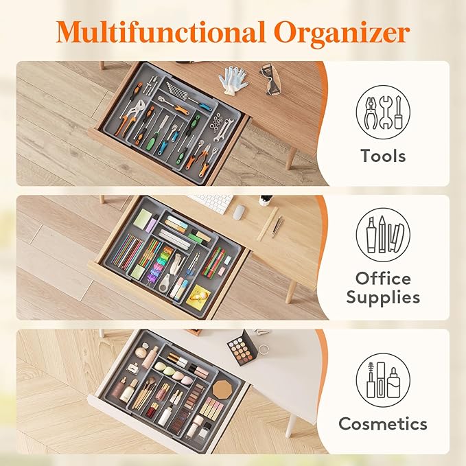 Lifewit Expandable Silverware Drawer Organizer, 22.4 x 16.7 x 2 inches, Adjustable Utensil Cutlery Tray for kitchen, Plastic Flatware Spoon Fork Knives Holder Storage Divider,1 Pack, Gray