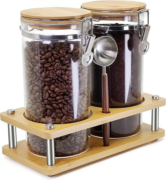 Glass Coffee Grounds Container with Shelf, 2 × 45 oz Glass Coffee Canister with Airtight Locking Clamp,Glass Storage Jars with Metal Spoon for Coffee Bean, Sugar, Nut