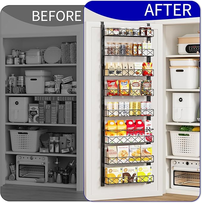 Over the Door Organizer, Black 8-Tier Pantry Door Organizer with Adjustable Basket, Hanging Spice Rack Cabinet Door Shelves, Laundry Room Organization and Storage